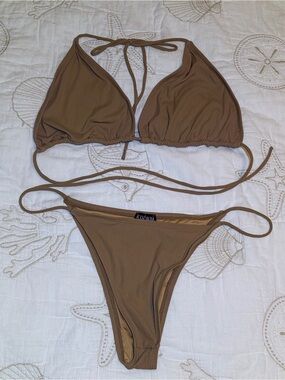 Icon Swim Tan Nude Ribbed Very Sexy Triangle Top Cheeky Bottom Bikini. Medium